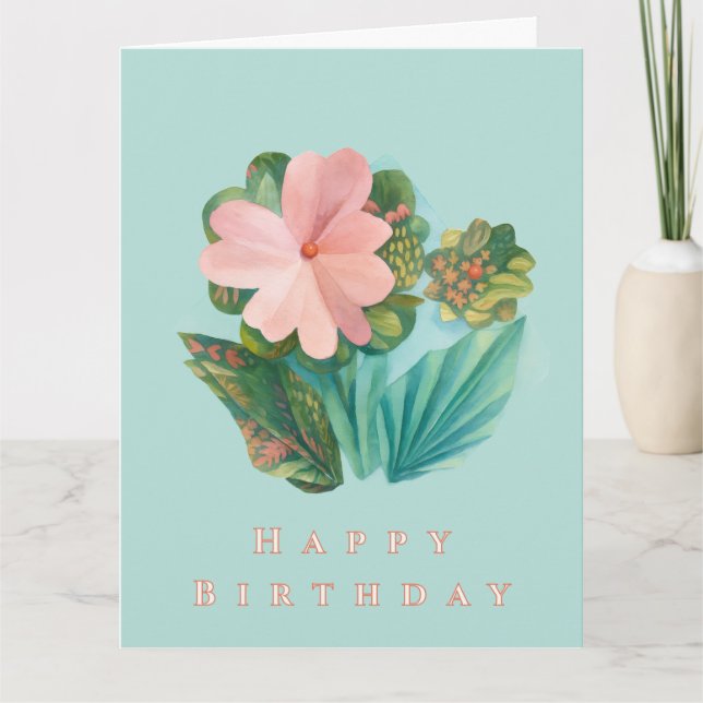 Aqua Floral "Happy Birthday" Karte - Kunst (Vorderseite)