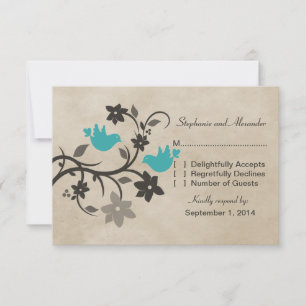Aqua Floral Lovebirds Response Card RSVP Karte