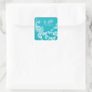 Aqua Floral Paisley White Peacock Gastgeschenk Hoc Quadratischer Aufkleber