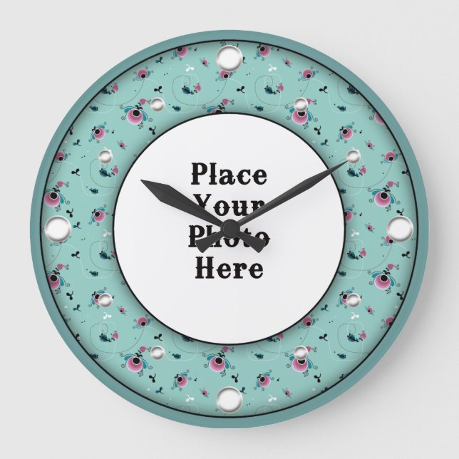 Aqua Floral Rahmen Ihr Foto Wall Clock Große Wanduhr (Vorderseite)