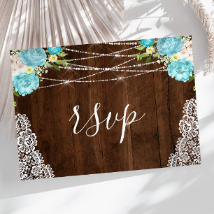 Aqua Floral Rustic Holz String Lights Wedding RSVP Postkarte