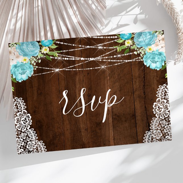 Aqua Floral Rustic Holz String Lights Wedding RSVP Postkarte (Von Creator hochgeladen)