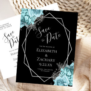 Aqua Floral Silber Geo Rahmen Schwarz Save the Dat Postkarte