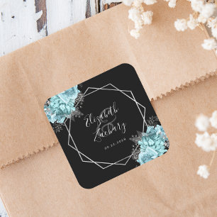 Aqua Floral Silber Geometrische Schwarze Hochzeit Quadratischer Aufkleber