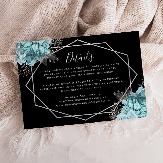 Aqua Floral Silver Black Wedding Details Begleitkarte (Von Creator hochgeladen)