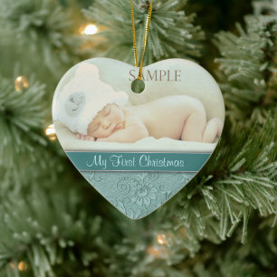 Aqua Floral Swirl Baby First Christmas Keramik Ornament