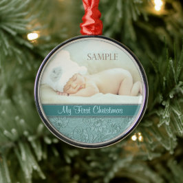Aqua Floral Swirl Baby First Christmas Silbernes Ornament