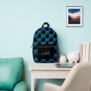 Aqua funkelnd geometrisches Muster schwarz Monogra Bedruckter Rucksack