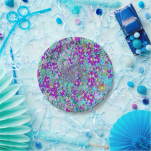 Aqua-Garten mit violettblauen und heißrosa Blüten Pappteller