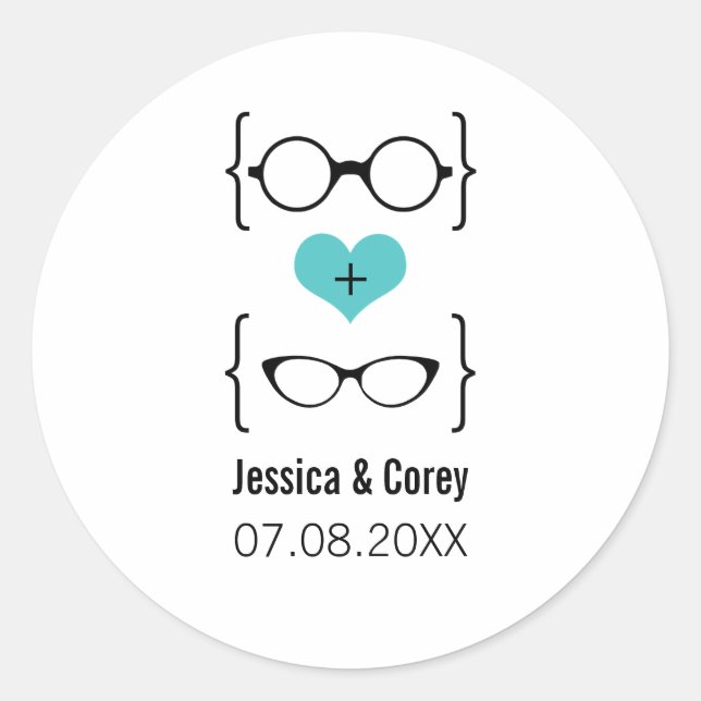 Aqua Geeky Glasses Wedding Stickers (Vorderseite)