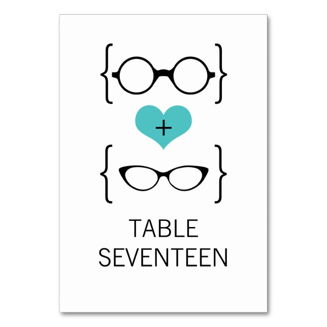 Aqua Geeky Glasses Wedding Table Card Tischnummer (Vorderseite)