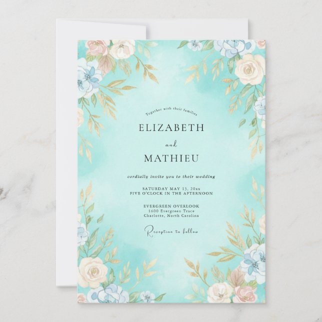 Aqua Gemalte Blütenhochzeit Einladung (Vorderseite)