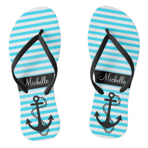Aqua gestreifte Flip Flops mit Anker und Namen