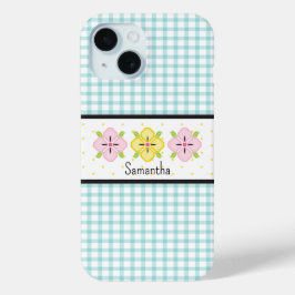 Aqua Gingham Kariert Floral Monogram Case-Mate iPhone Hülle