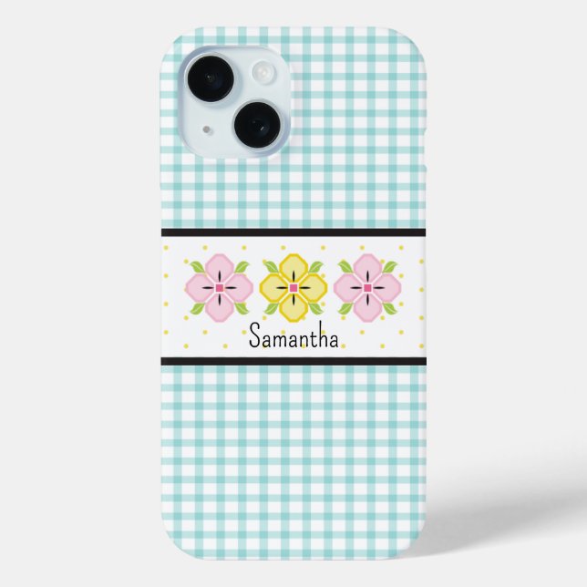 Aqua Gingham Kariert Floral Monogram Case-Mate iPhone Hülle (Rückseite)