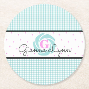 Aqua-Gingham-Monogramm Runder Pappuntersetzer
