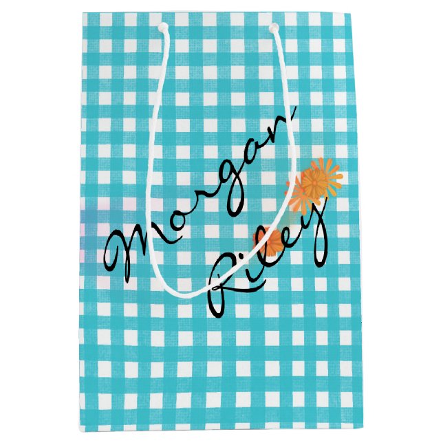 Aqua Gingham und Blume Mittlere Geschenktüte (Vorderseite)