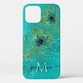 Aqua Girly Gold Glitzer Pfauenfedern Monogramm Case-Mate iPhone Hülle