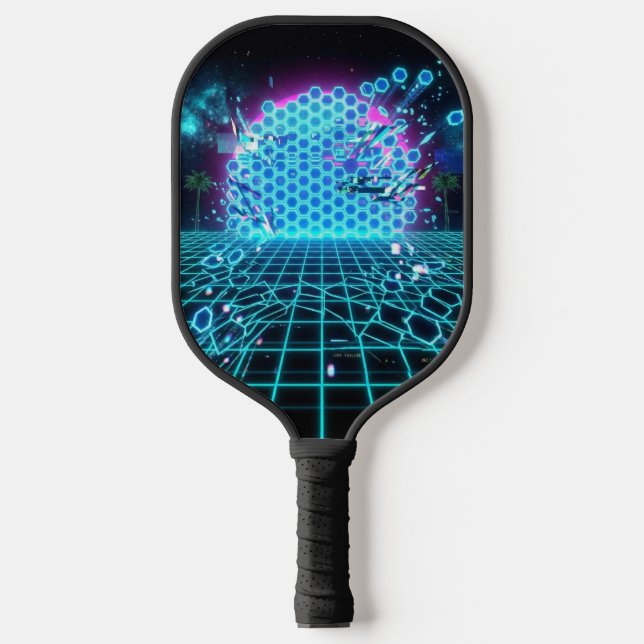 Aqua Glitch Matrix Neon Blue Futuristic Pickleball Schläger (Vorderseite)
