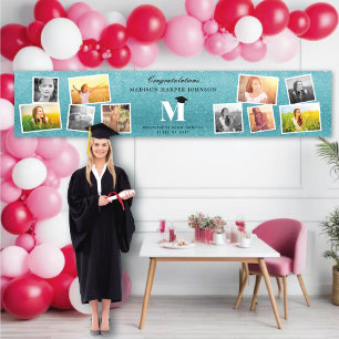 Aqua Glitter Monogramm 10 Foto Abschlussfeier Banner