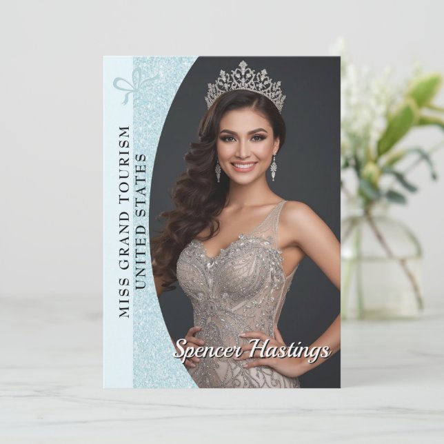 Aqua Glitz Autograph Cards for Pageants | QR Code Einladung (Stehend Vorderseite)