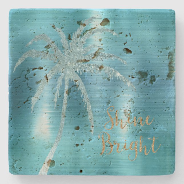 Aqua Glitz Glitzer Tropical Palm Tree Steinuntersetzer (Vorderseite)