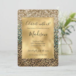 Aqua Glitz Gold Leopard Print Glitzer Einladung