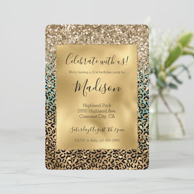 Aqua Glitz Gold Leopard Print Glitzer Einladung (Stehend Vorderseite)