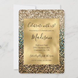 Aqua Glitz Gold Leopard Print Glitzer Einladung