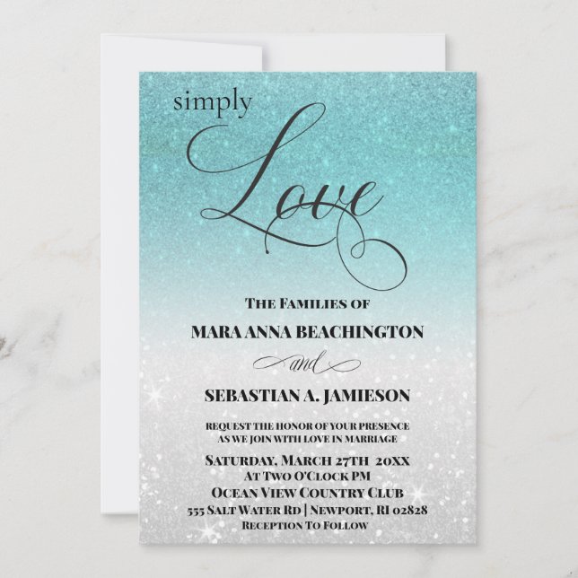 *~* Aqua Glitzer Beach Hochzeit in Urlaubsort Einladung (Vorderseite)
