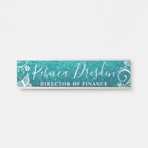 Aqua Glitzer Business Office Company Boss Floral Türschild