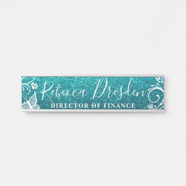 Aqua Glitzer Business Office Company Boss Floral Türschild (Vorderseite )