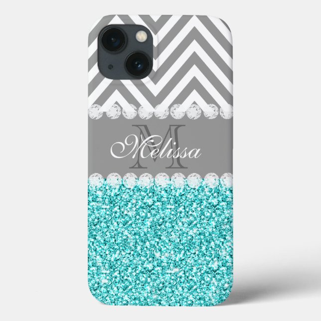 AQUA-GLITZER, GRAU ZICKZACK, MIT MONOGRAMM Case-Mate iPhone HÜLLE (Rückseite)