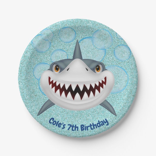 Aqua Glitzer Kids Shark Birthday Paper Tellers Pappteller (Vorderseite)