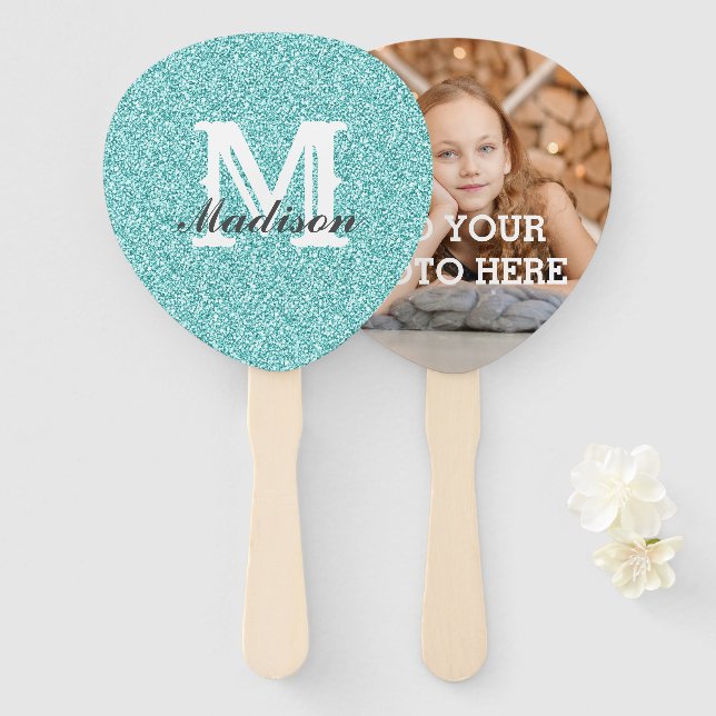 Aqua Glitzer Monogram Handfan Fächer (Vorne und Hinten)