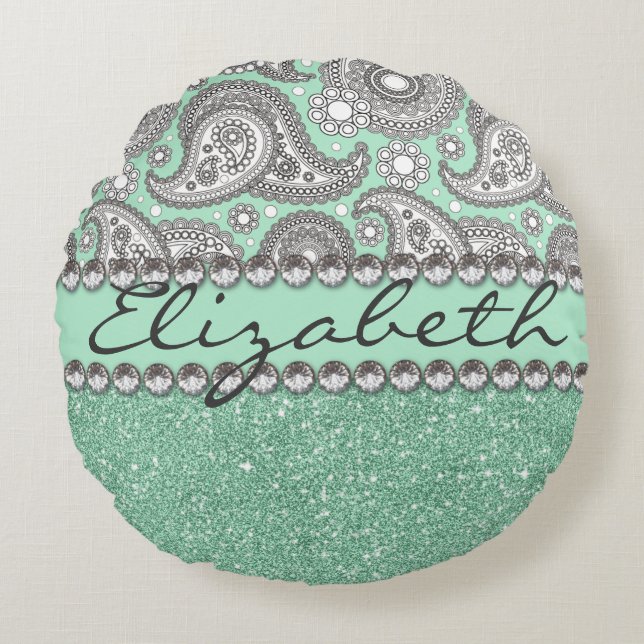 Aqua-Glitzer-Paisley-diamante de Rundes Kissen (Vorderseite)