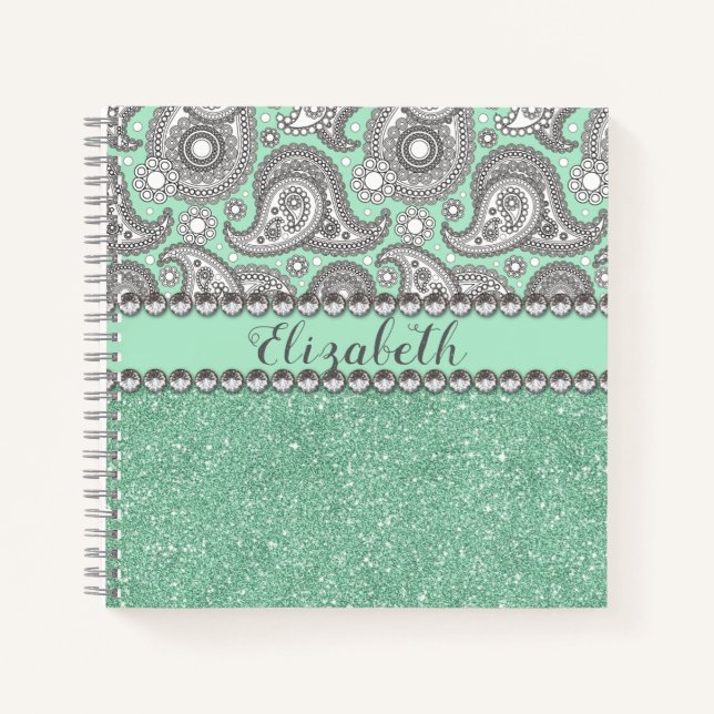 Aqua Glitzer Paisley Kristall Personalize Notizbuch (Vorderseite)
