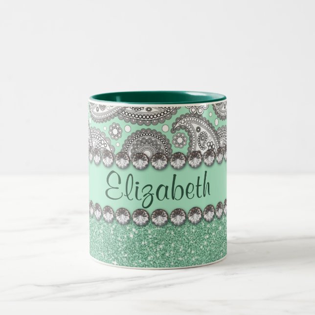 Aqua Glitzer Paisley Kristall Personalize Zweifarbige Tasse (Mittel)