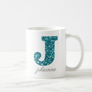 Aqua Glitzer Pattern Letter J Tasse