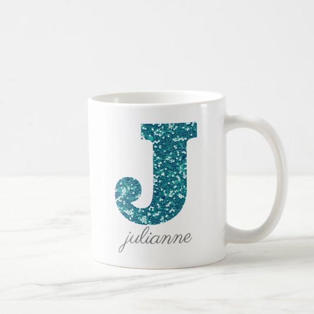Aqua Glitzer Pattern Letter J Tasse (Rechts)