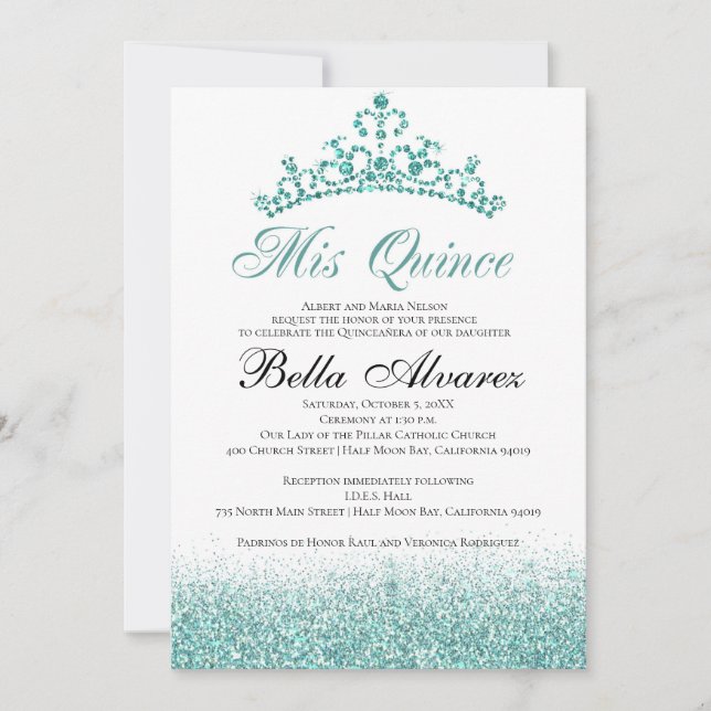 Aqua Glitzer Quinceañera Einladung Mis Quince (Vorderseite)