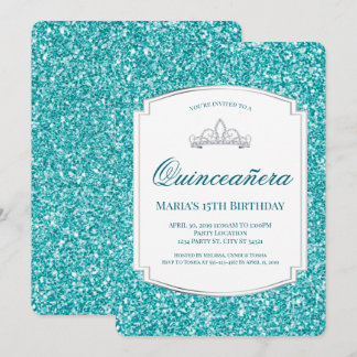 Aqua Glitzer Quinceañera Einladungen