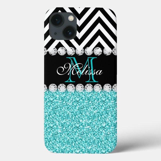 AQUA GLITZER SCHWARZ ZICKZACK MIT MONOGRAMM Case-Mate iPhone HÜLLE (Rückseite)