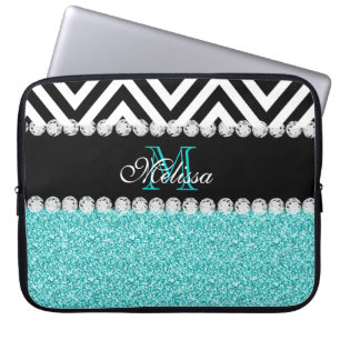 AQUA-GLITZER-SCHWARZ-ZICKZACK MIT MONOGRAMM LAPTOPSCHUTZHÜLLE