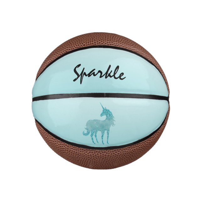Aqua Glitzer Unicorn personalisiert Mini Basketball (Vorderseite)