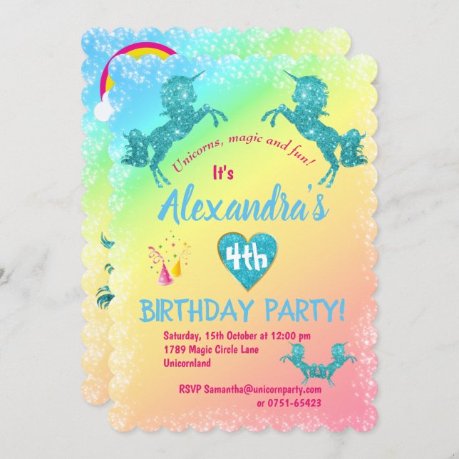 Aqua Glitzer Unicorns Geburtstag Einladung (Vorne/Hinten)