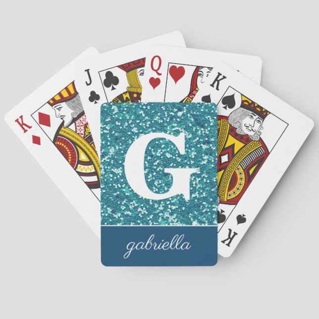 Aqua-Glitzern-Monogramm-Classic-Playing Cards Spielkarten (Rückseite)
