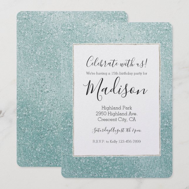 Aqua Glitzy Ombre Einladung (Vorne/Hinten)