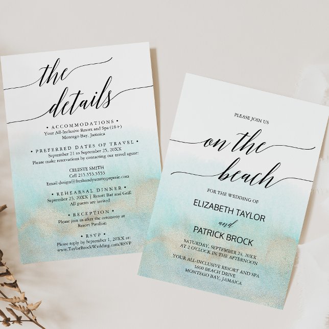 Aqua Gold Aquarellfarben Details zur Hochzeit am S Einladung (Aqua Gold Watercolor Details On The Beach Wedding Invitation)