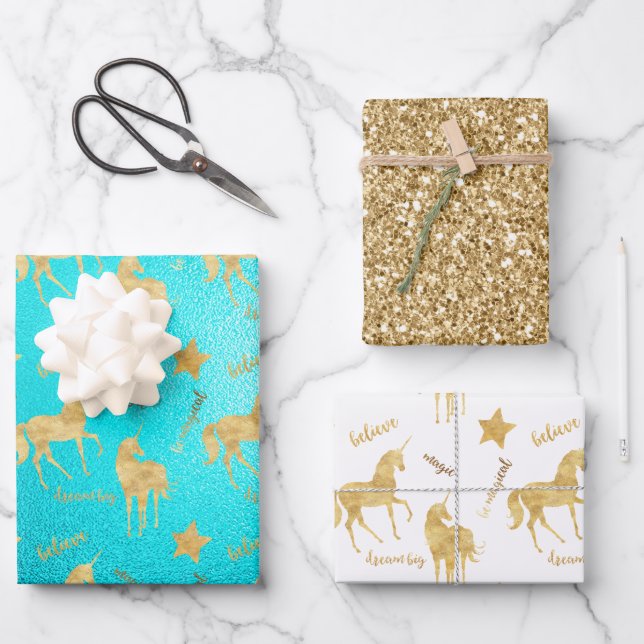 Aqua Gold Einhornsterne Geschenkpapier Set (Vorderseite)